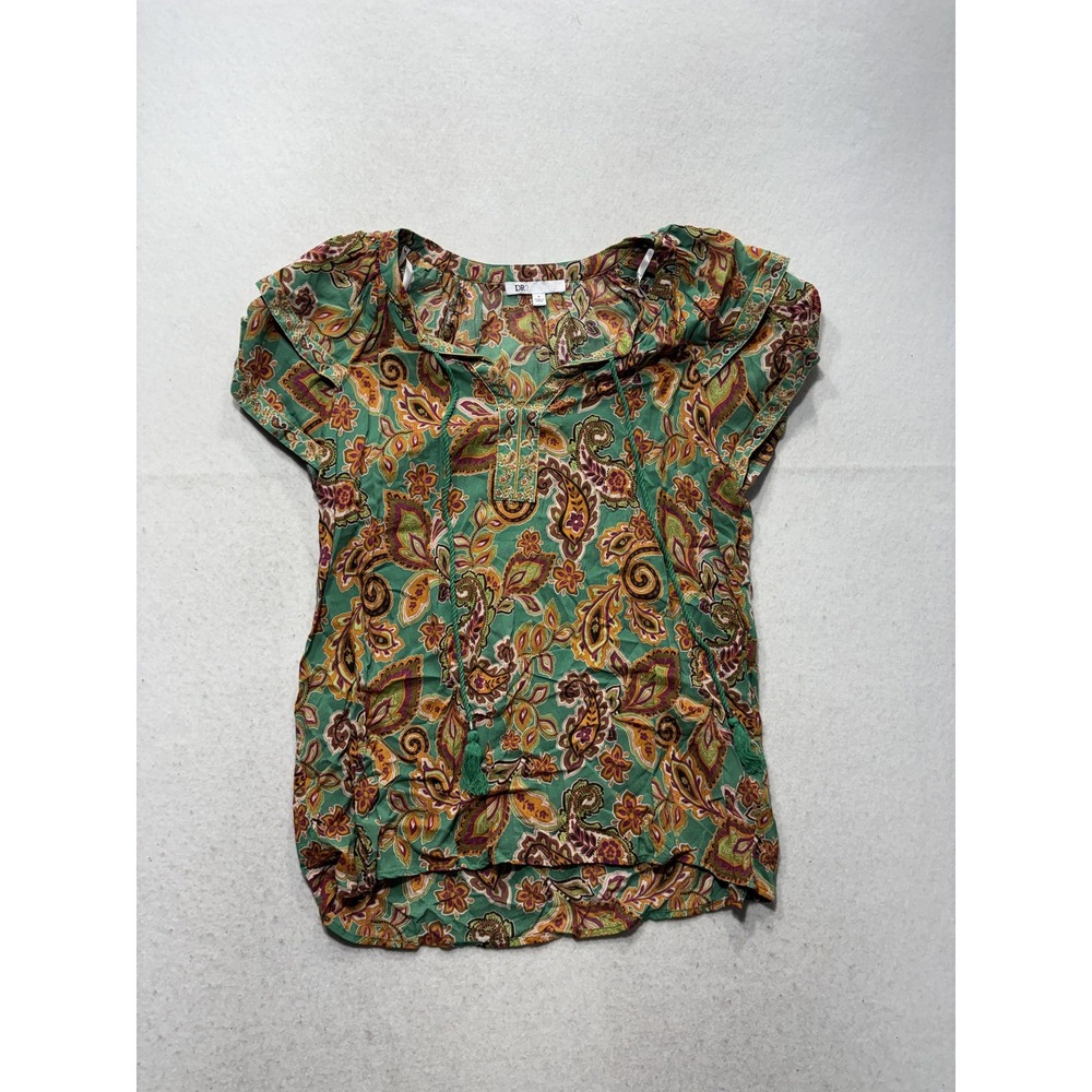 DR2 Blouse Womens Small Green Paisley Flutter Sleeve Tunic Top DR23408RYL